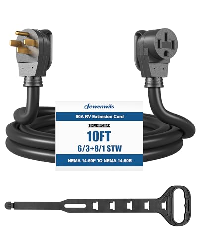 DEWENWILS 50 Amp RV Extension Cord, 125/250VAC 12500W Heavy Duty EV Power Cord, NEMA 14-50P to 14-50R 6/3+8/1 Copper Wire, STW Outdoor Waterproof Power Cable, for RV, EV, Camper, 10 Feet, ETL Listed