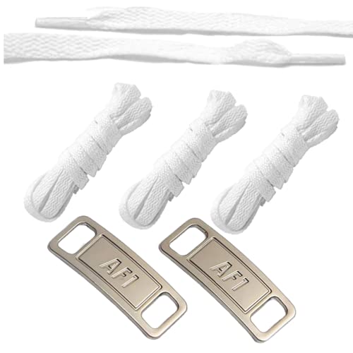 UkGlass 3 Pairs White Flat Shoelaces with Silver AF1 Airforce Lace Tag Pair for Sneakers Trainer Shoelaces Replacements Athletic Shoe Laces, One Size (3 Pairs White Laces & Silver Tags)