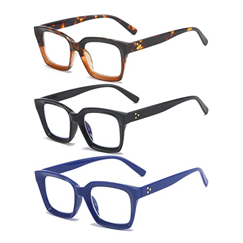 MMOWW 3-Pack Oversized Reading Glasses for Women - Anti Blue Light Glasses with Square Frame +0.0, Black+blue+leopard - Image 2