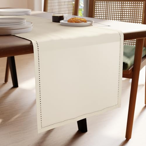 Encasa XO Dining Table Runner 13"x91" | Pure Cotton Hemstitched Design | Natural - Machine Washable
