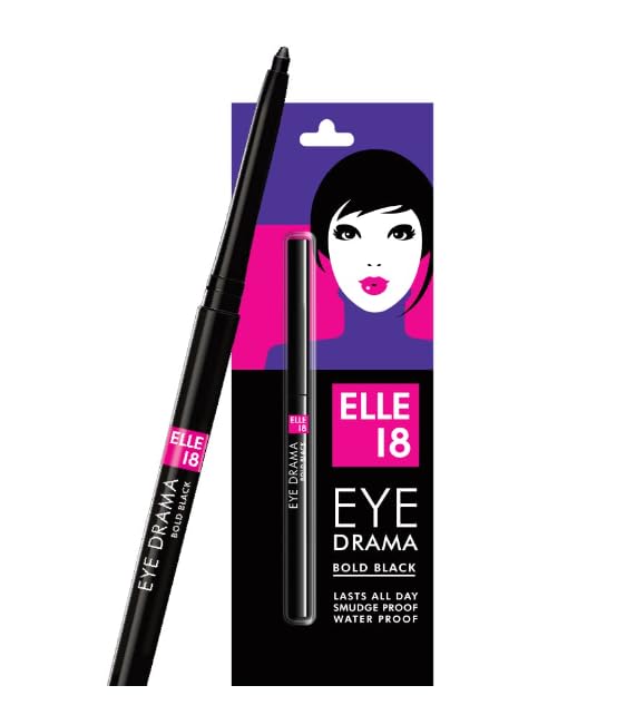 Elle 18 Eye Drama Kajal, Super Black, Smudgeproof & Waterproof, 0.35 G, Matte Finish