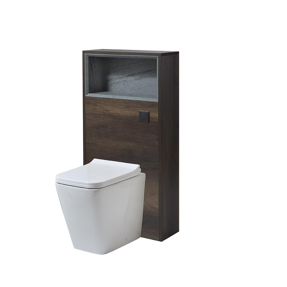 Milano Bexley 600mm Dark Oak Bathroom WC Unit Shelf Back to Wall Toilet Black Flush