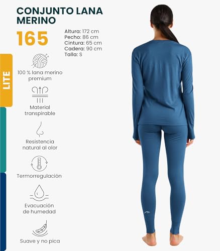 Miniatura 2 de Merino.Tech Conjunto Lana Merino Mujer - 100 Termica Lana Merino Camisa Y Pantalon Ligero Con Calcetines Small, 165 Lite Denim Blue