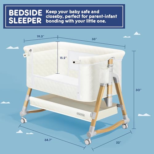 HARPPA Cuddly Bassinet, 3 in 1 Baby Bassinet, Rocking Bedside Bassinet with Wheels, 5 Height Adjustable, Includes Mosquito Net, Mattress, Anchor Strap