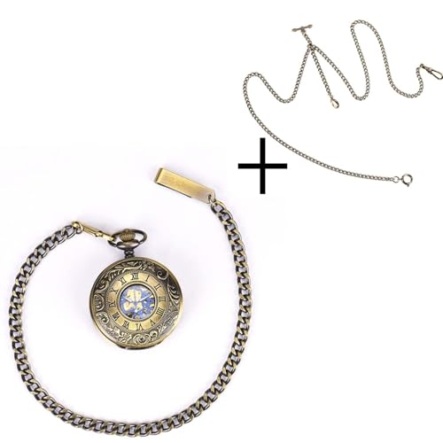 Image of ManChDa Mechanical Roman Numerals Dial Skeleton Pocket Watches with Luxury Wooden Box and Chains for Mens Women