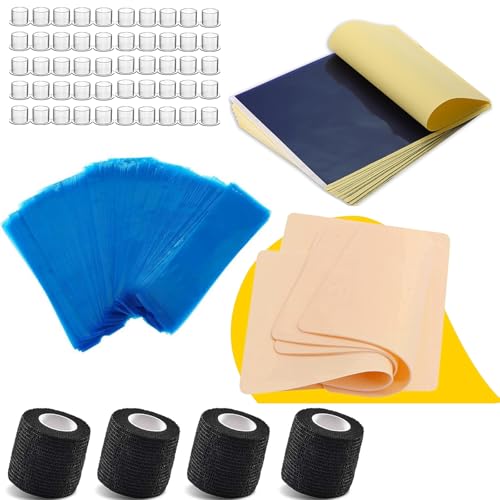 Tattoo Practice Skin Transfer Paper Kit Romlon - 264Pcs Include Tattoo Transfer Paper,Fake Skin, Tattoo Pen Cover,Tool Grip Tapes & Ink Cups for Beginners & Artists Tattoo Supplies