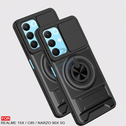 Image of AESTMO Realme 15X / C85 / Narzo 90X 5G Back Cover | Armor Camera Slider 360 Degree Rotating Finger Ring Holder Case with Bracket Stand Back Case Cover (Compatible with MagSafe Accessories) (Black)