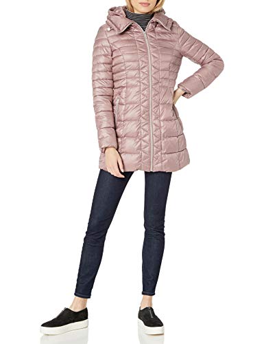 Kenneth Cole New York Women's 3/4 Zip Front Lightweight Puffer with Hood, Dusty Rose, Small
