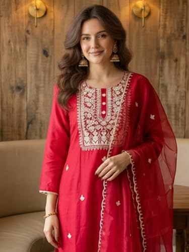Image of INDO ERA Women's Silk Blend Embroidered Straight Kurta Pant with Dupatta Set