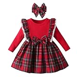 Joureker Infant Baby Girls Dresses Long Sleeve Tutu Dresses Rib Knit Patchwork Plaid Bow Princess Dress for Little Girls Dress, Red, 3-6 Months