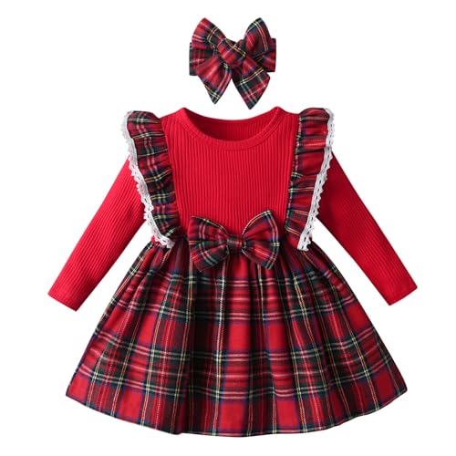 Joureker Infant Baby Girls Dresses Long Sleeve Tutu Dresses Rib Knit Patchwork Plaid Bow Princess Dress for Little Girls Dress, Red, 3-6 Months
