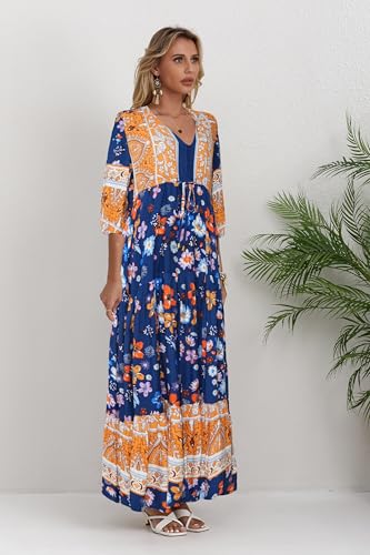 Image of Women Short Sleeve V Neck Floral Print Casual Bohemian Maxi Dresses