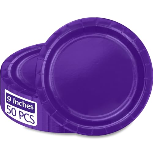 PTECDROTS 50Pcs Purple Paper Plates - 9” Purple Disposable Plates Round Bulk Dinner Plates for Daily Use Holiday Picnic Celebrations Pruple Birthday Party Decorations