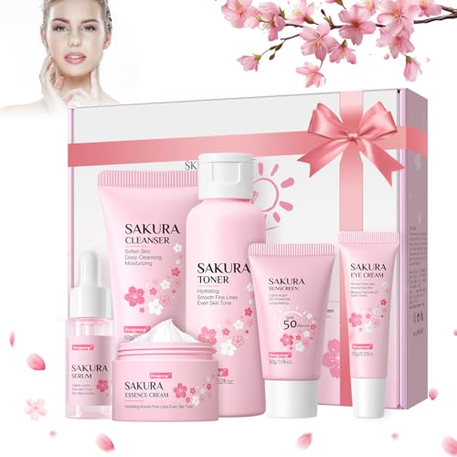 Fengyang ®Set per la Cura Della Pelle Sakura,Cura del viso,6 Pcs Set Regalo per la Cura Della Pelle , Detergente,Toner,Lozione,Crema per Gli Occhi, Siero,Crema,Regalo per Donne e Adolescenti(6Pcs)