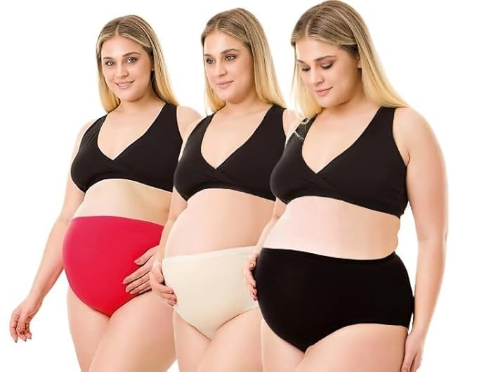 SHAPERX Maternity Panties| Solid Pattern V Shaped Underwear| High Waist Lingerie for Pregnant Womens Pack of 3
