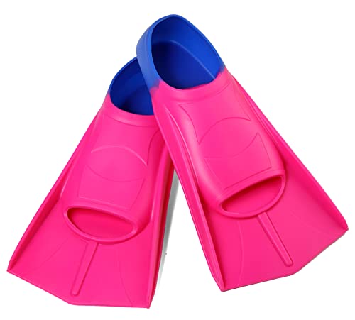 Fanwill Kids Swim Fins,Comfortable Silicone Lap Swimming Short Blade Floating Flippers With Mesh Bag Diving For Child,Girls,Boys (Pink&Blue, X-Small) #TOP4