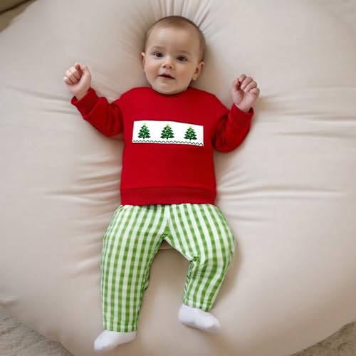 Toddler Baby Boy Christmas Outfit Christmas Tree Embroidered Crewneck Sweatshirt Plaid Pants 2Pcs Winter Clothes Set3