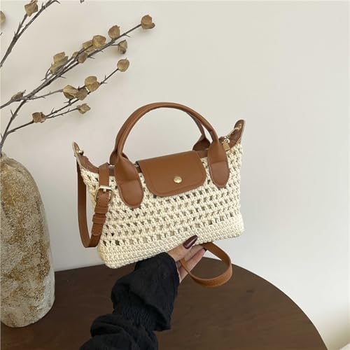 Crochet Tote Bag for Women Mini Boho Handbag Leather Trim Crossbody Purse Casual Woven Beige Shoulder Satchel for Summer — view 4