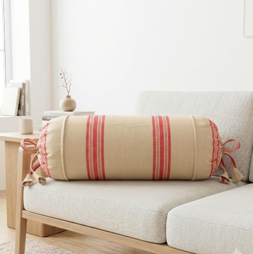 Image of SAJAVAT HOME Bolster Cover Pack of 2, Light Yellow Red Stripe Cotton Bolster Pillow Covers with Tie Closure | Round Pillow Cover Set for Bed, Sofa & Side Pillow | 16x32 Inch