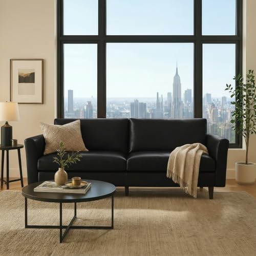 Image of Kingfun 80 inch Faux Leather Sofa Couch, Mid Century Modern Leather Couch with Rolled Arms and Deep Seats, Brown Leather Sofa for Living Room, 3-Seater Couch for Apartment, Office and Bedroom, Black