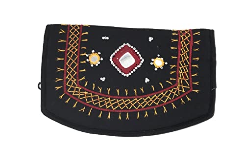 Image of SriShopify Handmade Traditional Mirror Work Purse for Ladies Floral Embroidery Wallet for Women Wedding Gift Items (7.5 Inch, Black Clutch)