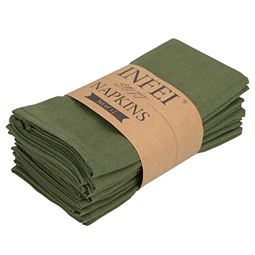 INFEI Servilletas de Tela de Cena de Lino de Color Liso Suave - Juego de 12 (40 x 40 cm) - para Eventos y Uso doméstico (Ejército Verde)