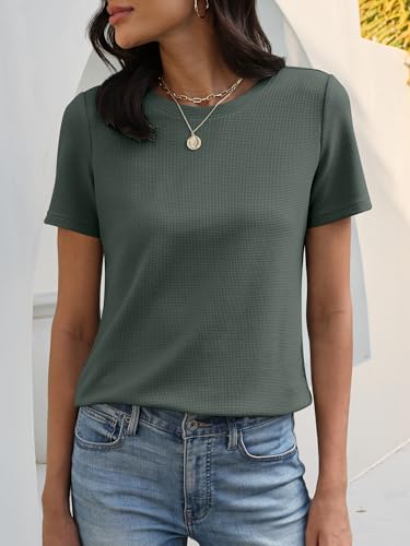 Image of ANRABESS Womens Waffle Knit Tops Short Sleeve Crewneck Shirts Curved Hem Summer Dressy Casual Blouses Spring Fashion Clothing