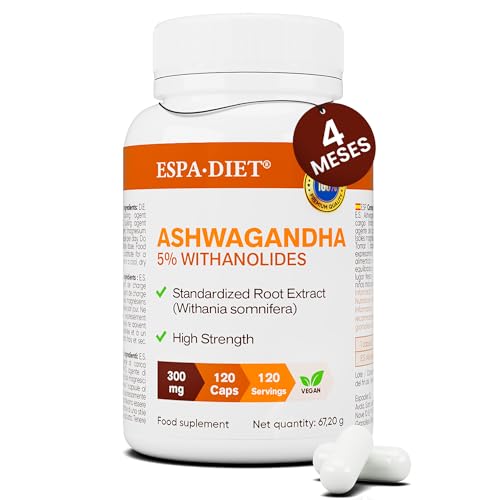 Ashwagandha de Alta Potencia - 300mg Con 5% de Withanólidos - Relajación, alivio del estrés, descanso y claridad mental - Combinable con magnesio o melatonina - 120 cápsulas