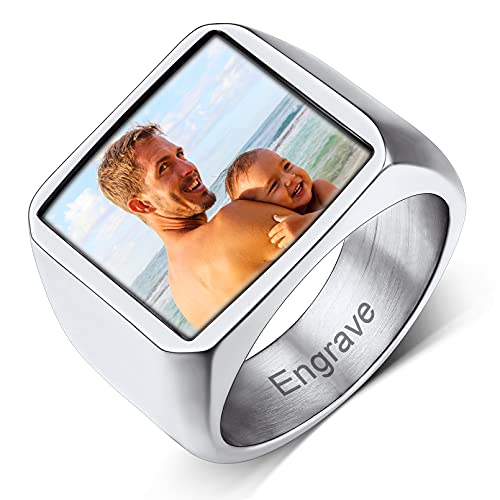 Custom4U Personalized Rings with Pictures Inside Custom Photo Ring Name Engraving Stainless Steel Signet Ring/Heart Ring Size 7-14 Customized Memorial Jewelry for Men Women (Gift Box) A-Squa