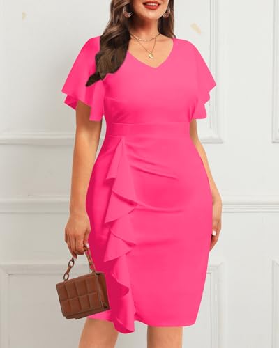 Image of Pinup Fashion Plus Cocktail Wedding Guest Church Work Bodycon Knee Dress | Knit fabric, v-neck, short ruffle sleeves, ruched design, pencil silhouette, knee length, wedding guest, church, cocktail