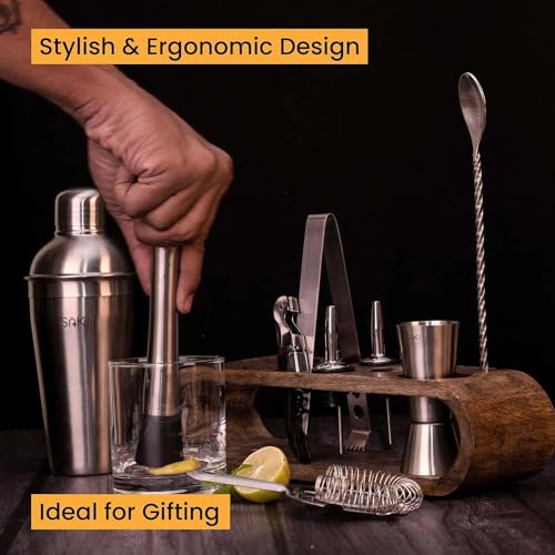 Image of Saki Home Decor Cocktail Shaker Gift Set with Wooden Stand- 10-Piece, Bartender Kit : Shaker, Spoon, Jigger, Muddler, Strainer, Wine & Beer Bottle Opener, Pour Spouts, Tongs (Without Gift Box)