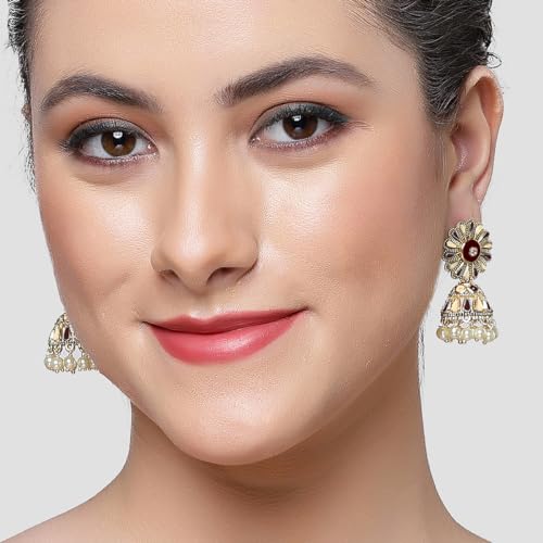 Image of Karatcart Silver Tone Diamond Shape Pink and Blue Carved Stone Studded Drop Earrings for Women
