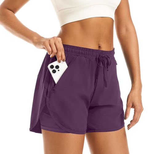 APWKL Women's 2 in 1 Running Shorts Athletic Workout Zip Pockets Grey Purple M