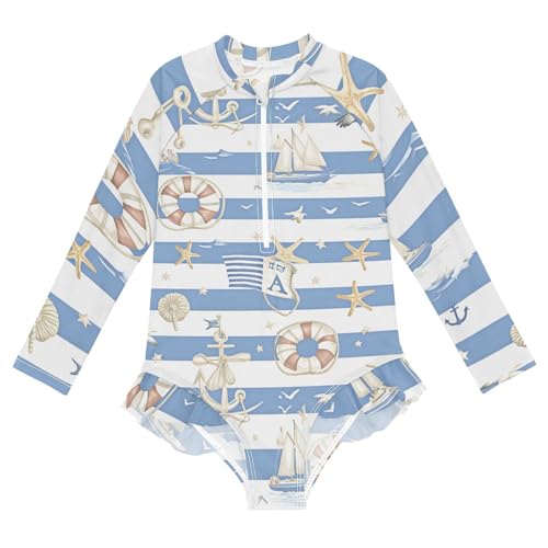 Girls One Piece Swimsuits Long Sleeve Swimsuit Zipper Bathing Suits Nautical Stripe Coastal