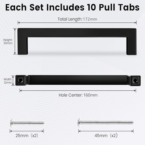 Vortix 10 Stück Möbelgriffe Schwarz Edelstahl Matt Schrankgriffe [160mm Lochabstand] Modernes Design Griffe für Küchenschränke, Badezimmerschränke & Schubladen (teiliges Set)