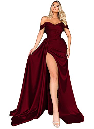 Chady Satin Prom Dresses 2022 A-Line Evening Gowns Long Ball Gown with Slit Formal Dress for Women Burgundy US14