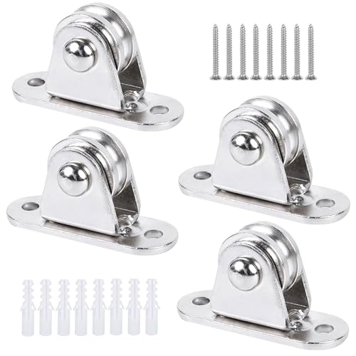 Umlenkrollen, 4 Stück Metall Umlenkrollen, Stehblock flaschenzug für seile mit 8 Schrauben und 8 weißen Kunststoffhülsen, für Seile, Baldachin