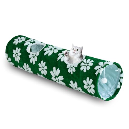 Image of Straight Cat Tunnel for Indoor Cats 47 inchx12 inch, Cute Cat Toys Collapsible Tunnel Tube with Balls for Puppy Kitten Rabbit, Green Flower