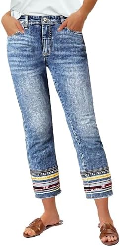 Flamingals Straight Leg Cropped Jeans for Women Trendy Mid Rise Stretchy Tribal Embroidery Raw Hem Ankle Jeans Classic Blue XL