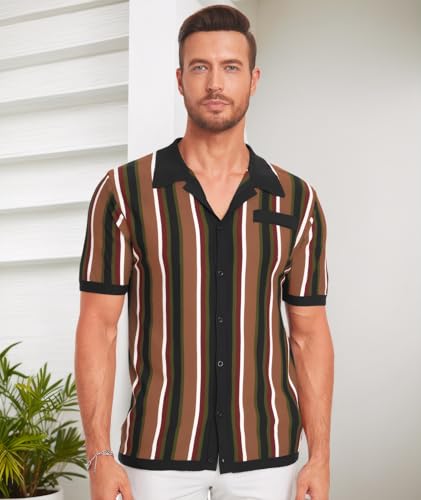 Camisa para hombre de manga corta de punto con botones, estilo vintage, rayas verticales y cuello campestre tipo polo