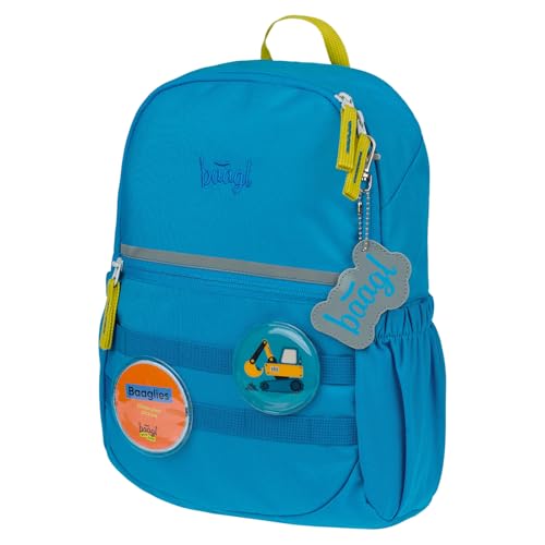 Baagl Kindergartenrucksack Jungen – Kleiner Kinderrucksack mit Brustgurt & 2 wechselbaren Patches – personalisierbar mit Namen oder Bild – Rucksack für Kita & Krippe, 10 l (Bagger)