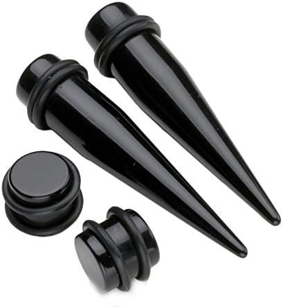 PiercingJ 4pcs 12G-1/2 (2-12mm) Black Acrylic Taper + Straight Plug with O Ring Ear Tapers Plugs Eyelets Stretcher Expander