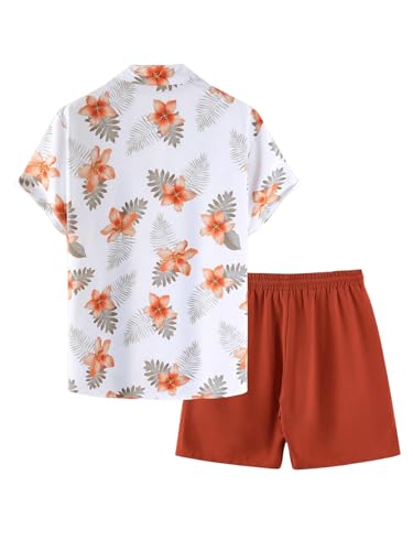 GORGLITTER Men's Hawaiian Matching Set Summer Beach 2 Piece Outfits Flower Button Down Shirts and Shorts Set2