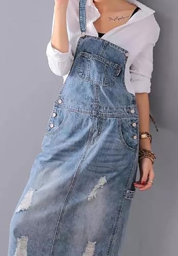 Image of loveimgs Women Distressed Denim Overall Dress Bib Long Jean Jumper Ripped Adjustable Straps Patchwork Pinafore Dress