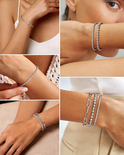 shownee Sliver Beaded Bracelet for Women 14K Gold Plated Bracelets Gold Stretch Bead Ball Bracelet Hypoallergenic Stackable Bracelet Set 6.8 inch Graduation Gift for Her Mothers Day Gifts for Mom — view 4