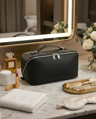 Image of EACHY Travel Makeup Bag, Lychee Leather Large Capacity Cosmetic Bag for Women, Open Flat Toiletry Bag with TPU Brush Compartment, Waterproof Skincare Organizer Travel Essentials