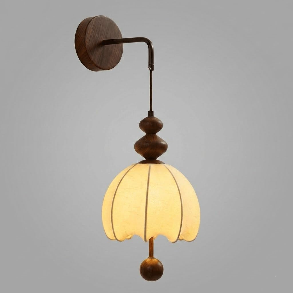 Applique da Parete per Interni, Camera da Letto, corridoio, Tessuto, Lampada in Legno Color Noce, Metallo retrò con Paralume in Tessuto Bianco Crema, Lampada da Comodino per soggio