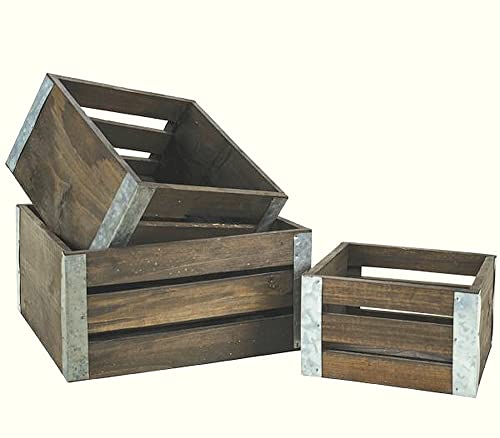 The Bridge Collection Rustic Wooden Crates With Metal Trim - Set Of 3 - Decorative Storage Nesting Crates Wood - Square Apple Crates Organization Boxes For Home Decor #TOP1