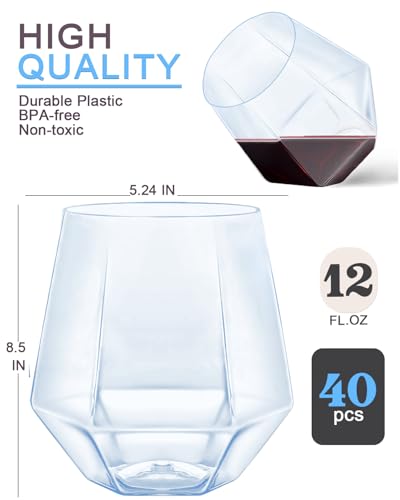 Image of Maaacute 40 Pack Plastic Stemless Wine cocktail Whiskey Champagne Glasses, 12 Oz Disposable Unbreakable Cups for Party Bars Wedding Tasting (Blue)