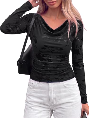 BTFBM Fall Tops For Women Floral Mesh Boho Top Cowl Neck Long Sleeve Shirts - image 1